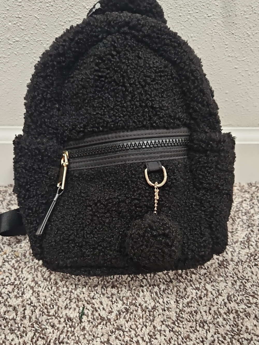 Icing Black Faux Shearling Mini Backpack with Pom Charm